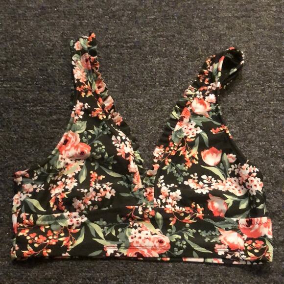 Mossimo Brand Women's Medium Green & Pink Floral Ruffle Bralette Style Swim Top - Picture 1 of 6